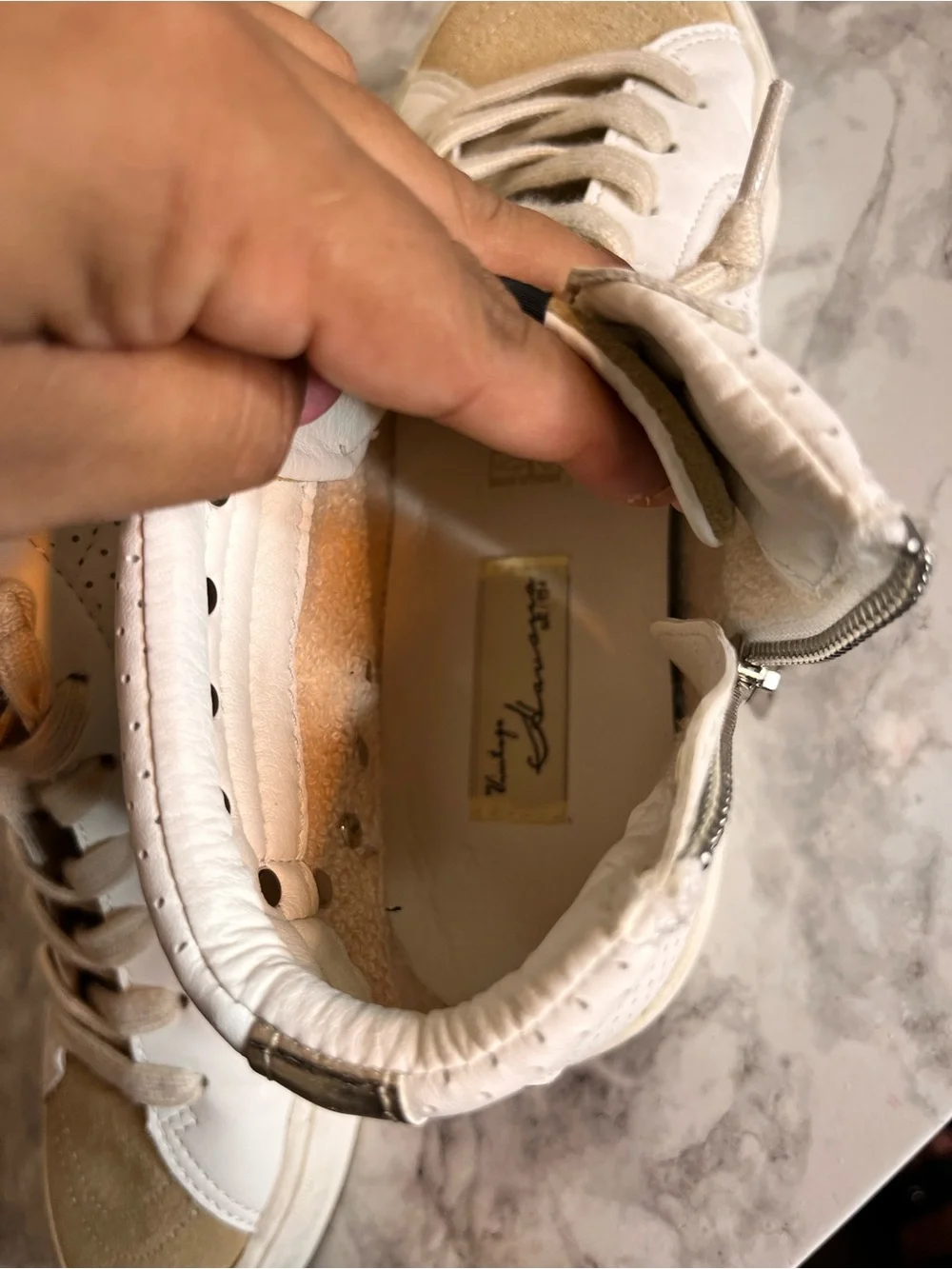 Vintage Cream & White High-Top Sneakers with Stud Accents